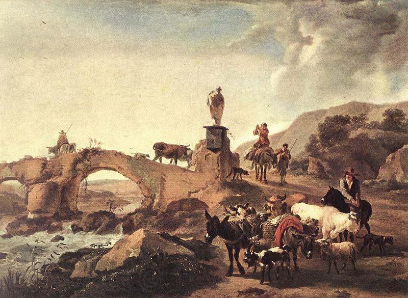 Nicolaes Pietersz. Berchem Italian Landscape with a Small Bridge